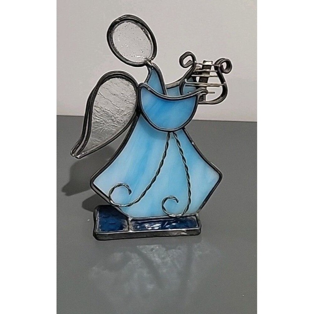 VINTAGE Handmade STAINED GLASS ANGEL PLAYING HARP Blue Leaded Glass Christmas